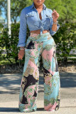 Blue Fashion Casual Print Basic Regular High Waist Conventional Full Print Bottoms