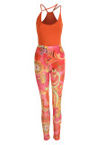 Red Sexy Print Patchwork Spaghetti Strap Sleeveless Two Pieces