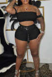 Black Sexy Solid Split Joint Off the Shoulder Short Sleeve Two Pieces