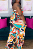Colour Casual Print Bandage Split Joint Strapless Straight Jumpsuits