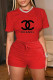 Red Fashion Casual Print Letter O Neck Short Sleeve Two Pieces