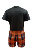 Black Fashion Casual Letter Print Basic O Neck Short Sleeve Two Pieces
