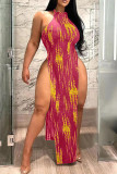Red Sexy Print Patchwork Slit O Neck Straight Dresses