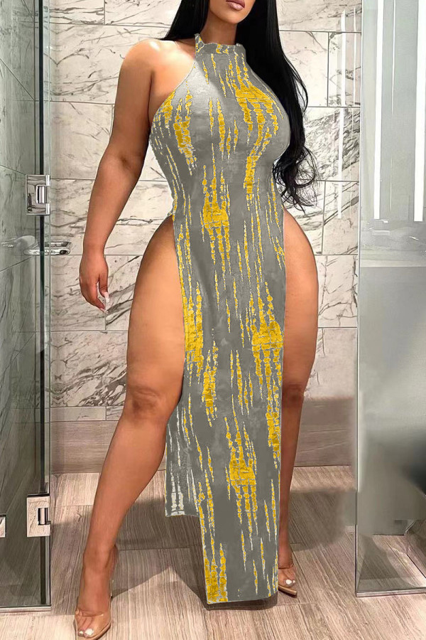 Silver Gray Sexy Print Patchwork Slit O Neck Straight Dresses
