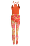 Red Sexy Print Patchwork Spaghetti Strap Sleeveless Two Pieces