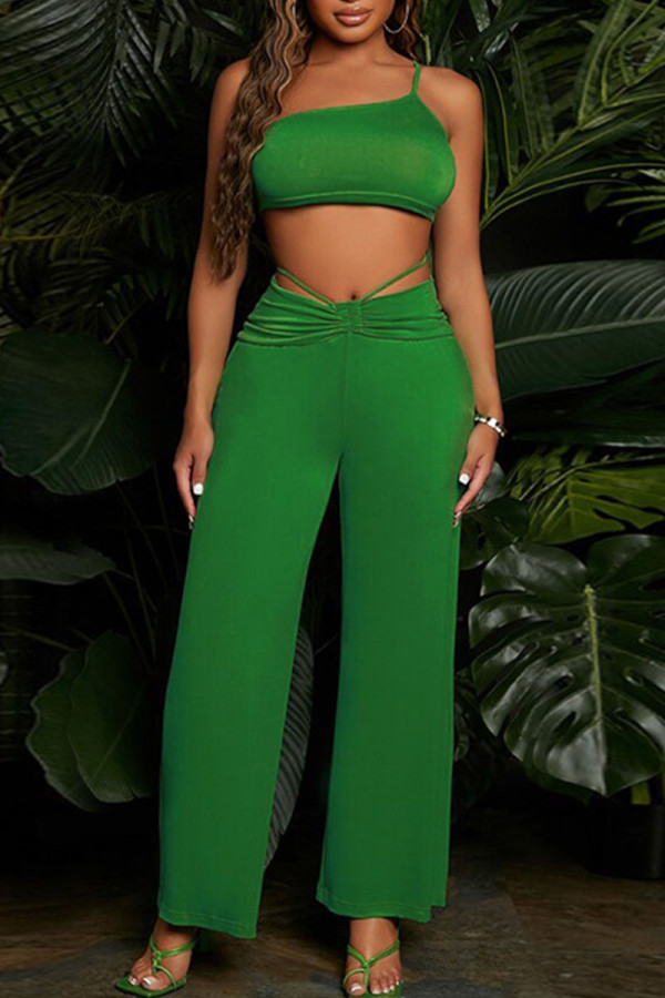 Green Sexy Solid Patchwork Spaghetti Strap Two Pieces