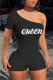 Black Sexy Letter Print Patchwork One Shoulder Skinny Rompers