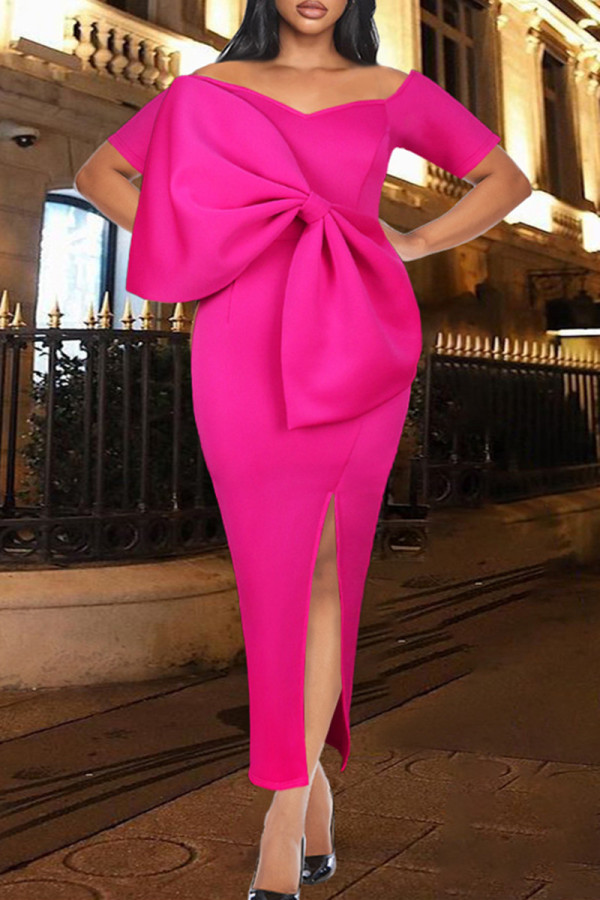 Rose Red Fashion Sexy Patchwork Solid Slit With Bow V Neck Evening Dress