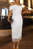 White Fashion Sexy Solid Tassel Patchwork Backless Off the Shoulder Evening Dress