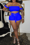 Blue Sexy Solid Split Joint Off the Shoulder Short Sleeve Two Pieces