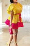 Yellow Fashion Casual Solid Patchwork O Neck Short Sleeve Dress