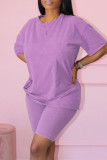 Purple Fashion Casual Solid Basic O Neck Short Sleeve Two Pieces