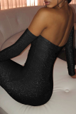 Black Sexy Patchwork Bright Silk Off the Shoulder Pencil Skirt Dresses