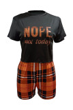 Black Fashion Casual Letter Print Basic O Neck Short Sleeve Two Pieces