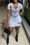 White Sexy Street Print Ripped Patchwork V Neck One Step Skirt Dresses