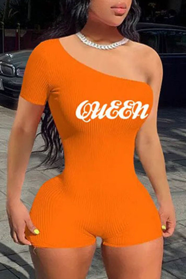 Orange Sexy Letter Print Patchwork One Shoulder Skinny Rompers