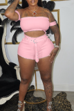 Pink Sexy Solid Split Joint Off the Shoulder Short Sleeve Two Pieces