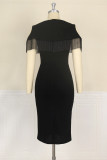 Black Fashion Casual Solid Tassel Hollowed Out V Neck Pencil Skirt Dresses