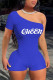 Blue Sexy Letter Print Patchwork One Shoulder Skinny Rompers