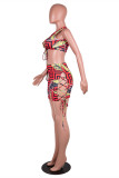Red Fashion Sexy Print Bandage Hollowed Out O Neck Sleeveless Two Pieces