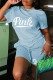 Light Blue Casual Print Patchwork O Neck Short Sleeve Two Pieces