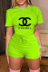 Fluorescent Green Fashion Casual Print Letter O Neck Short Sleeve Two Pieces