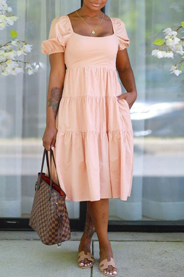 Pink Casual Sweet Solid Patchwork Square Collar A Line Dresses