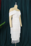 White Fashion Sexy Solid Tassel Patchwork Backless Off the Shoulder Evening Dress