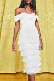 White Fashion Sexy Solid Tassel Patchwork Backless Off the Shoulder Evening Dress