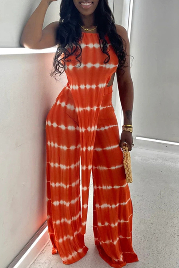 Orange Fashion Casual Print Bandage Asymmetrical O Neck Sleeveless Two Pieces