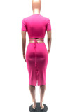 Pink Sexy Print Bandage Hollowed Out Patchwork O Neck Short Sleeve Two Pieces