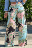 Blue Fashion Casual Print Basic Regular High Waist Conventional Full Print Bottoms