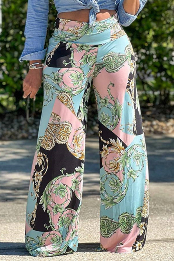Blue Fashion Casual Print Basic Regular High Waist Conventional Full Print Bottoms