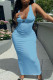 Sky Blue Fashion Sexy Print Patchwork V Neck One Step Skirt Dresses
