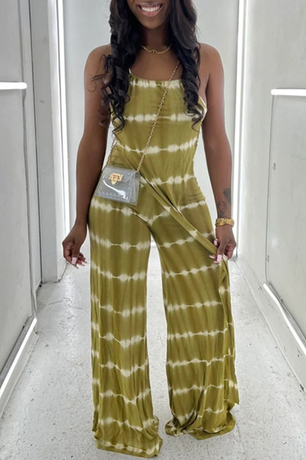 Light Green Fashion Casual Print Bandage Asymmetrical O Neck Sleeveless Two Pieces