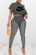 Grey Fashion Street Print Patchwork O Neck Short Sleeve Two Pieces