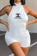 White Fashion Sexy Print Backless O Neck Rompers