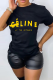 Black Fashion Street Print Patchwork Letter O Neck T-Shirts