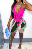 Pink Casual Print Patchwork Asymmetrical Halter Sleeveless Two Pieces