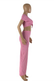 Pink Sexy Casual Solid Hollowed Out O Neck Short Sleeve Two Pieces