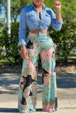 Blue Fashion Casual Print Basic Regular High Waist Conventional Full Print Bottoms