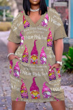 Rose Red Fashion Casual Print Patchwork V Neck Short Sleeve Dress