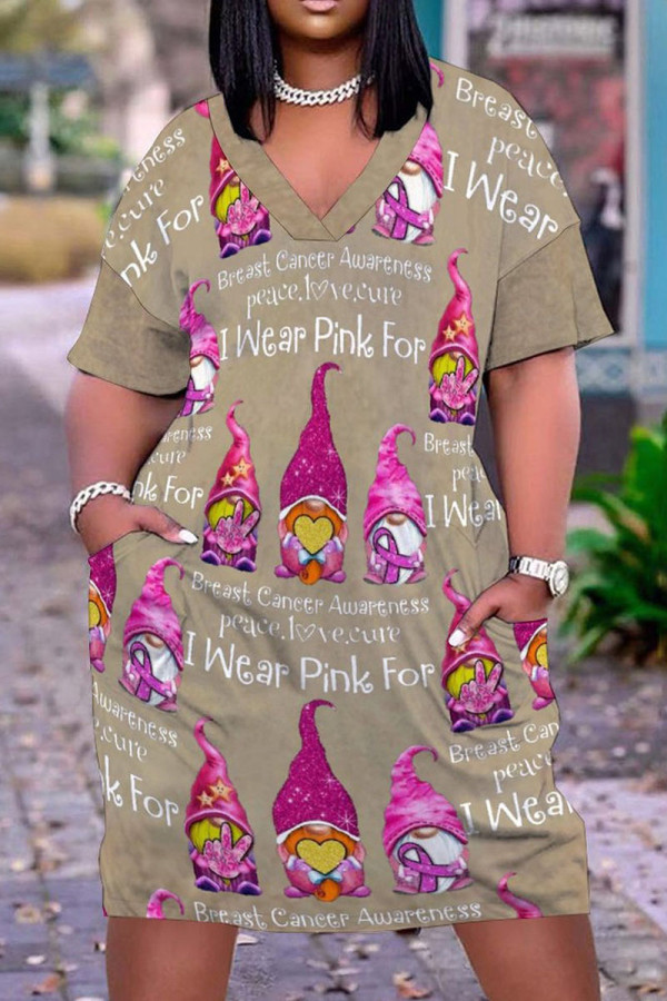Khaki Fashion Casual Print Patchwork V Neck Short Sleeve Dress