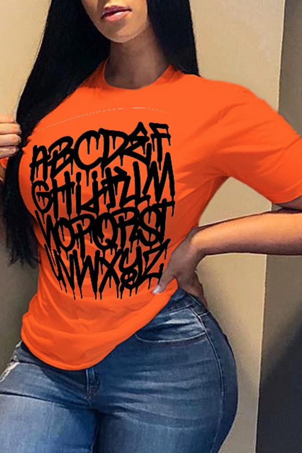 Orange Fashion Street Print Patchwork Letter O Neck T-Shirts
