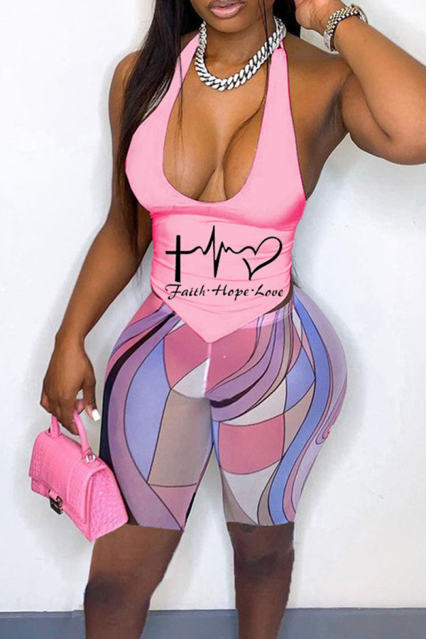 Pink Casual Print Patchwork Asymmetrical Halter Sleeveless Two Pieces