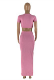 Pink Sexy Casual Solid Hollowed Out O Neck Short Sleeve Two Pieces