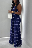 Blue Fashion Casual Print Bandage Asymmetrical O Neck Sleeveless Two Pieces
