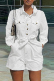 White Fashion Casual Solid Patchwork Turndown Collar Regular Romper
