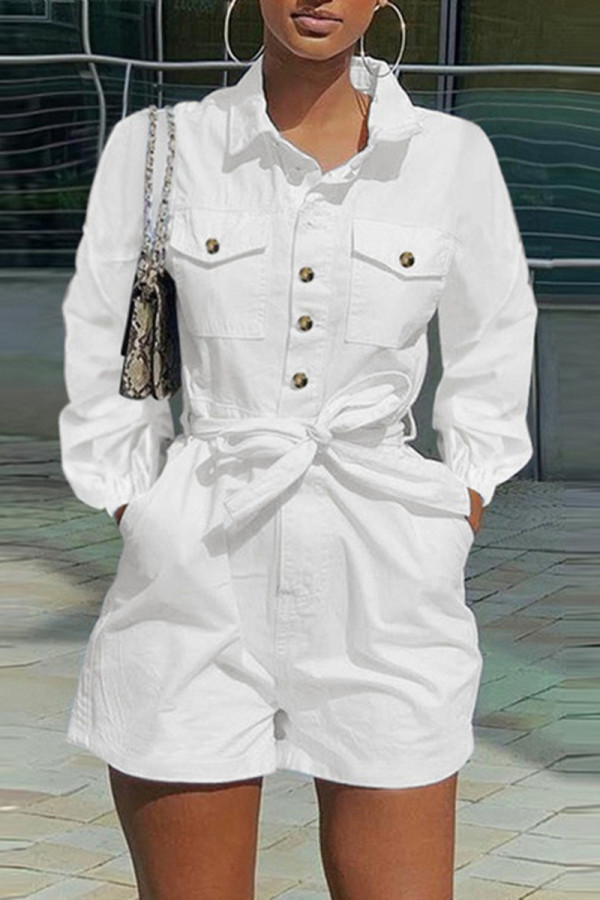 White Fashion Casual Solid Patchwork Turndown Collar Regular Romper