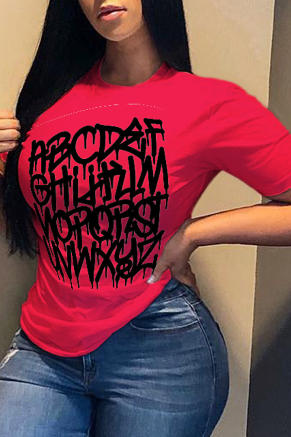 Red Fashion Street Print Patchwork Letter O Neck T-Shirts